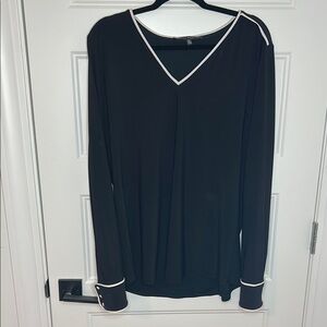 Black Long Sleeve V-Neck Blouse with White Trim